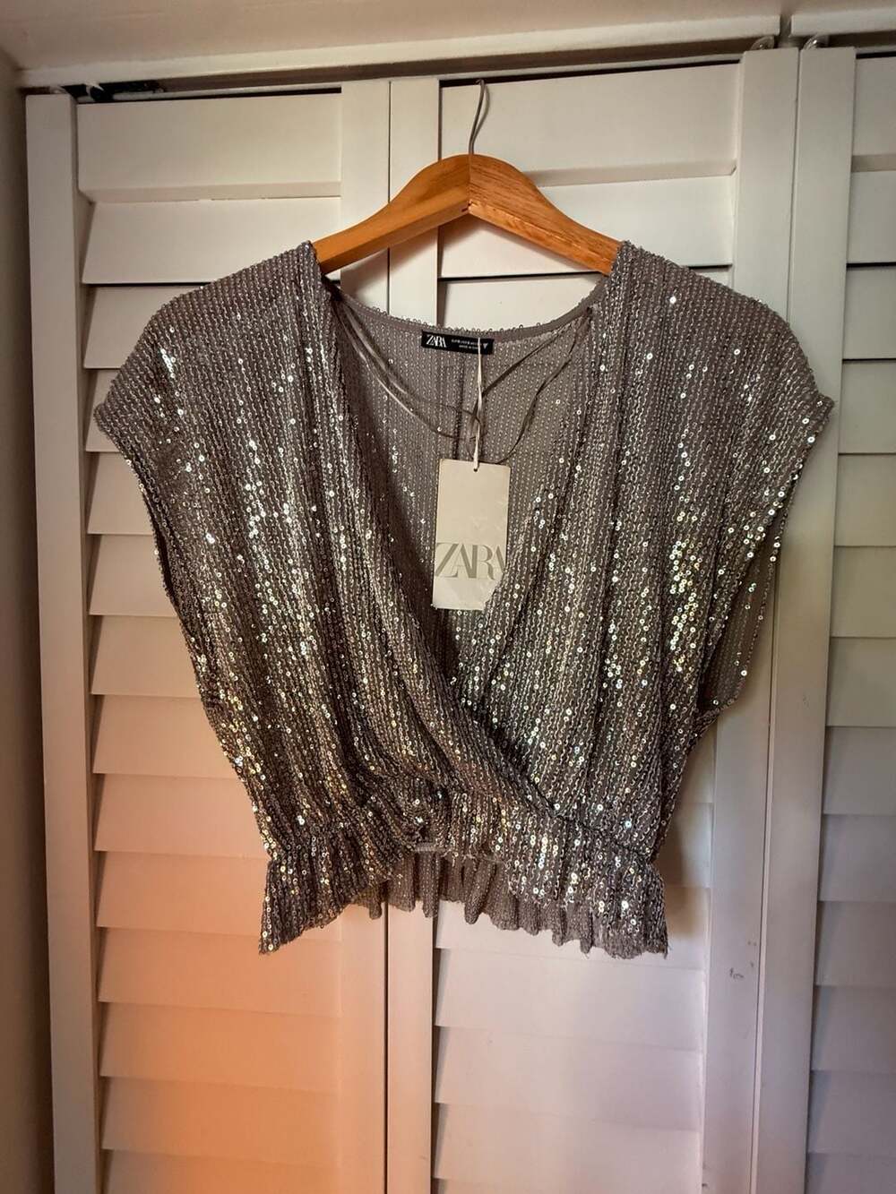 Zara NWT Silver Sequined Surplice V-Neck Cropped Blouse